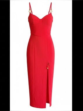 VTG 1980s BERNSHAW Red Ribbed Fitted Corset Style Maxi Dress Gold Detail 8